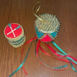 2 vintage craft red & green velvet & gold drum Christmas tree ornaments